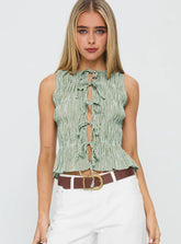 Apero Shirred Tie Front Top Green / White Stripe